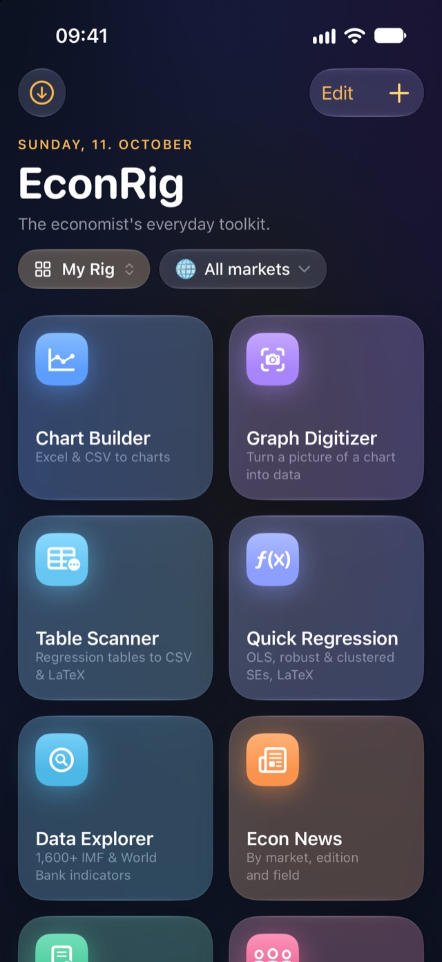 EconRig home screen with module tiles: Chart Builder, Graph Digitizer, Table Scanner, Quick Regression, Data Explorer and Econ News